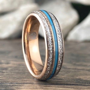 Meteorite Turquoise Rose Gold Wedding Band Men Women 6MM Tungsten Ring Size 4 to 14 His Her Shiny Anniversary Engagement Promise Love Gift