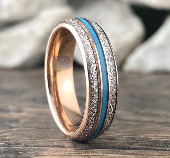 Meteorite Turquoise Rose Gold Wedding Band Men Women 6MM Tungsten Ring Size 4 to 14 His Her Shiny Anniversary Engagement Promise Love Gift