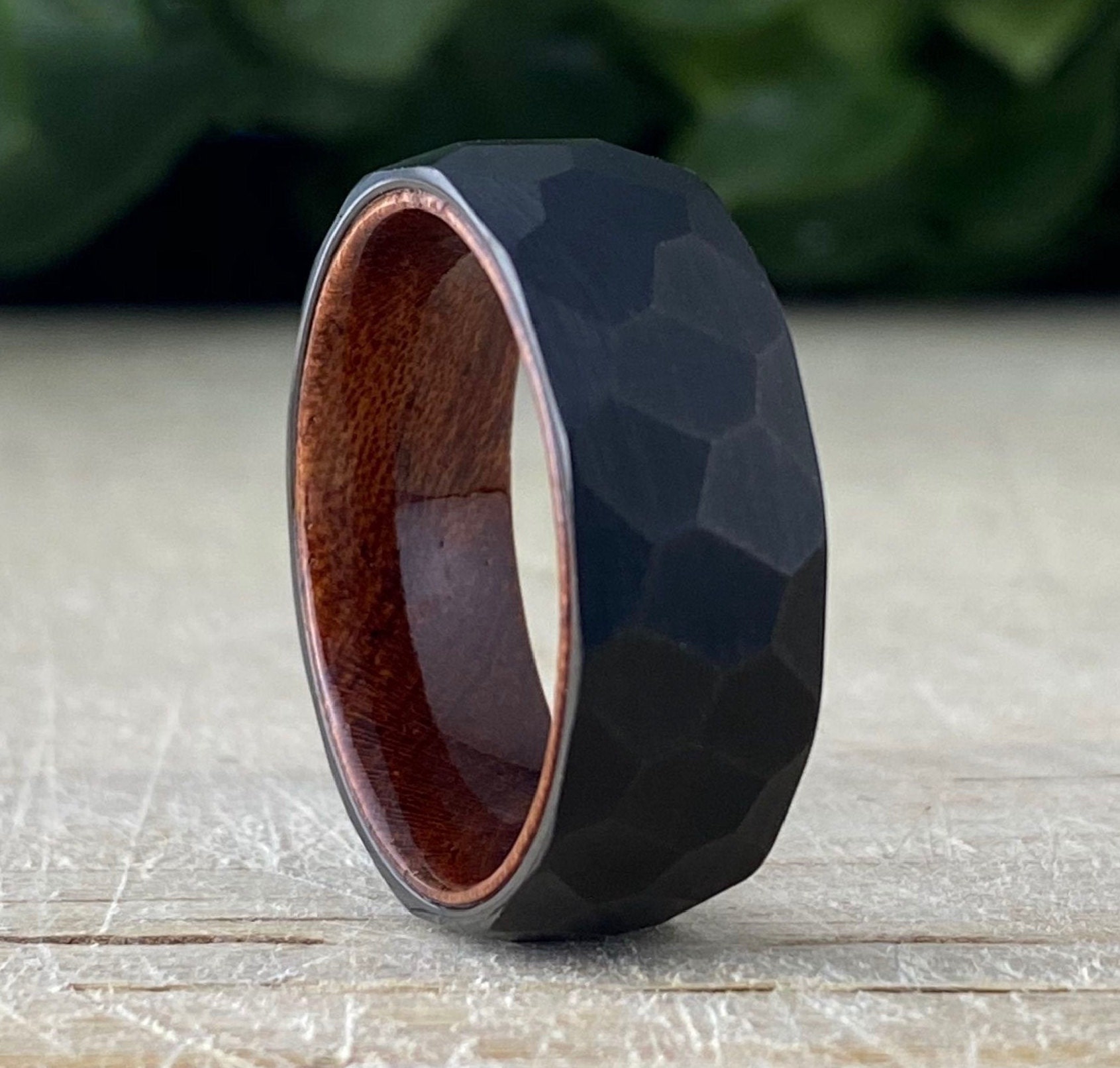Black Hammered Tungsten Ring Wood Wedding Band Men Rosewood Inlay
