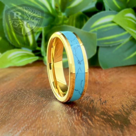 Men Women Gold Wedding Band Turquoise Inlay Tungsten Engagement Ring 6mm Comfort Fit Promise Anniversary Gift