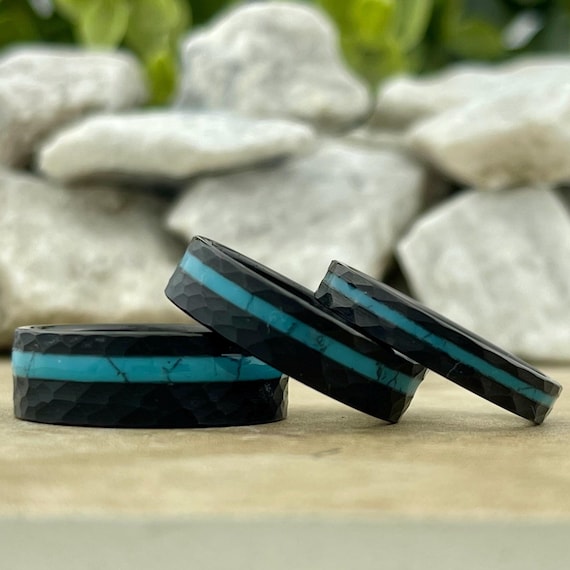 Black Hammered Wedding Band Turquoise Inlay Men Women Tungsten Ring Set Brush Comfort Fit 8MM 6MM 4MM Size 4 to 15 Anniversary His Hers Gift