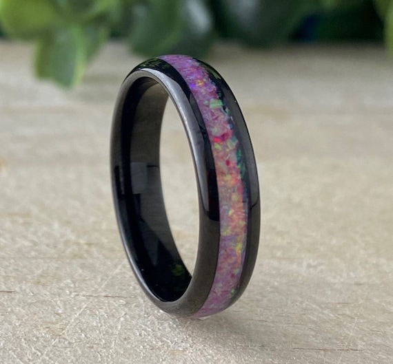 Black Tungsten Ring Purple Pink Opal Wedding Bridal Band Women 5MM Domes Bright Shiny Design Size 4 to 13 Her Anniversary Wife Unique Gift
