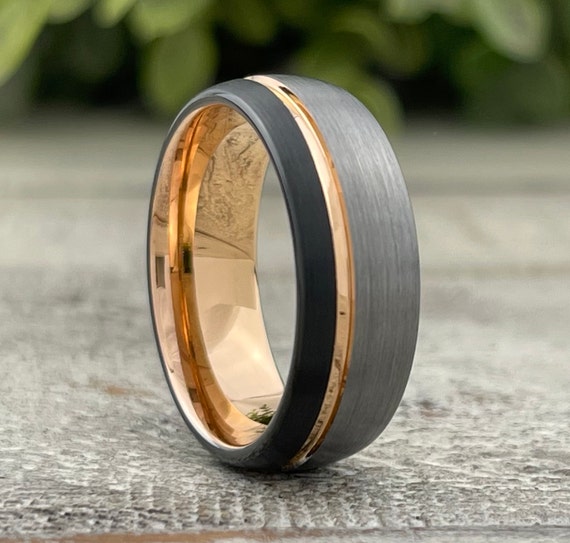 Men Rose Gold Wedding Band Grey Black Brushed Tungsten Ring 3-Tone 8MM Size 5 to 15 Promise Anniversary Engagement Gift Engraving Available