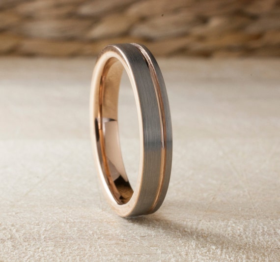 Rose Gold Tungsten Ring 4MM Thin Wedding Band Women Men Skinny Grey Silver Brushed Stylish Design Sizes 4 to 14 Anniversary Engagement Gift