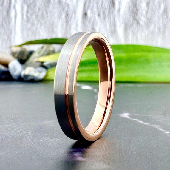 Thin Mens Wedding Band Rose Gold Silver Gray Women Tungsten Ring 4MM Skinny Anniversary Ring