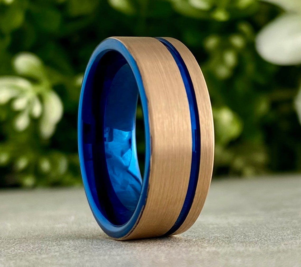 Blue Tungsten Ring Rose Gold Men Women Wedding Band Brush image 1