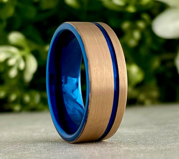 Blue Tungsten Ring Rose Gold Men Women Wedding Band Brush Comfort Fit Design 8MM Size 5 to 15 Male Anniversary His Her Special Promise Gift