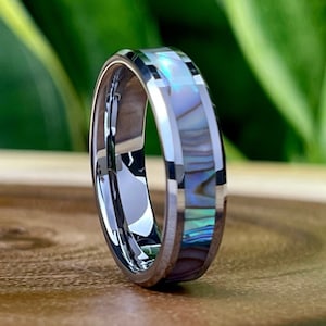 Abalone Wedding Band Women Grey Tungsten Ring Mother of Pearl Inlay Shiny Polished Finish Men 6MM Size 5 to 14 Anniversary Engagement Gift