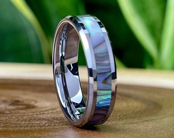 Abalone Wedding Band Women Grey Tungsten Ring Mother of Pearl Inlay Shiny Polished Finish Men 6MM Size 5 to 14 Anniversary Engagement Gift