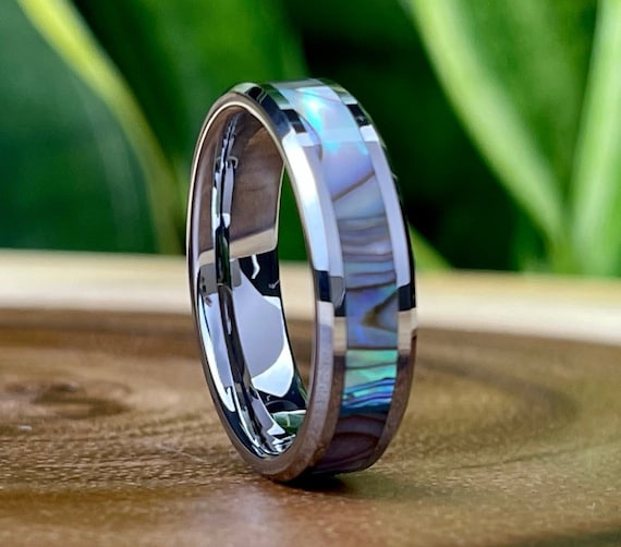 Abalone Wedding Band Women Grey Tungsten Ring Mother of Pearl Inlay Shiny Polished Finish Men 6MM Size 5 to 14 Anniversary Engagement Gift