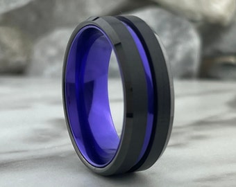 Black Purple Wedding Band Men Tungsten Ring 8mm Size 5 to 14 Hubby Anniversary Gift Comfort Fit Engagement Promise Ring Personal Engraving