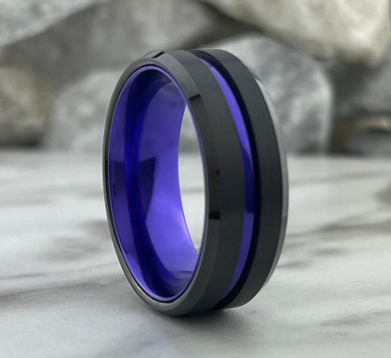 Black Purple Wedding Band Men Tungsten Ring 8mm Size 5 to 14 Hubby Anniversary Gift Comfort Fit Engagement Promise Ring Personal Engraving