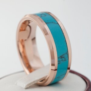 Turquoise Tungsten Ring Rose Gold Wedding Bands Men Women Anniversary Gift 8MM 6MM Size 4-15 His Her Duo Set or One Engagement Promise Ring image 2