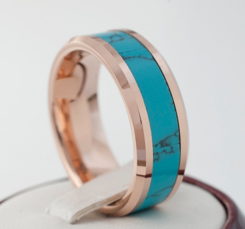 Turquoise Tungsten Ring Rose Gold Wedding Bands Men Women Anniversary Gift 8MM 6MM Size 4-15 His Her Duo Set or One Engagement Promise Ring image 2