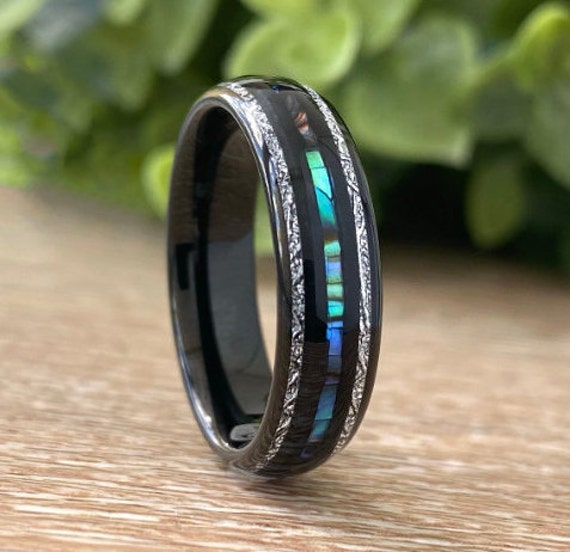 Abalone Meteorite Black Tungsten Ring Mother of Pearl Wedding Band Men Women 3 Layer 6MM Size 5-14 His Hers Anniversary Proposal Gift Idea