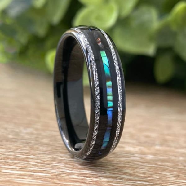 Abalone Meteorite Black Tungsten Ring Mother of Pearl Wedding Band Men Women 3 Layer 6MM Size 5-14 His Hers Anniversary Proposal Gift Idea