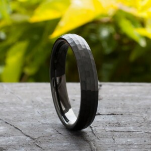 His and Hers Hammered Black Tungsten Ring Set, Brushed Couples Anniversary Wedding Band image 3