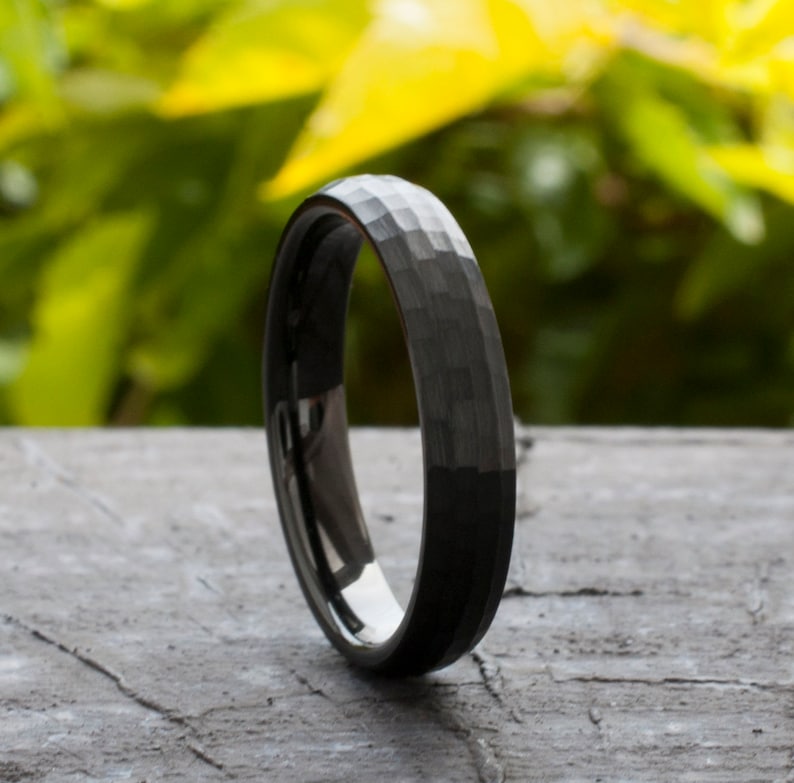 His and Hers Hammered Black Tungsten Ring Set, Brushed Couples Anniversary Wedding Band image 3