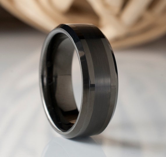 Men Tungsten Ring Gunmetal Black Color Wedding Band Male 8MM Size 5 to 15 Beveled Brushed Design Great His Anniversary Engagement Gift Idea