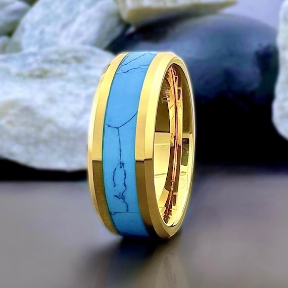 Turquoise Ring Men Women Gold Wedding Band 8mm Tungsten Comfort Fit Promise Engagement Ring