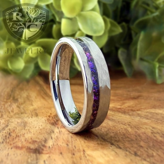 Alexandrite Gray Silver Hammered Tungsten Ring Purple Amethyst Nebula Galaxy Wedding Band Men Women Promise Ring 6MM