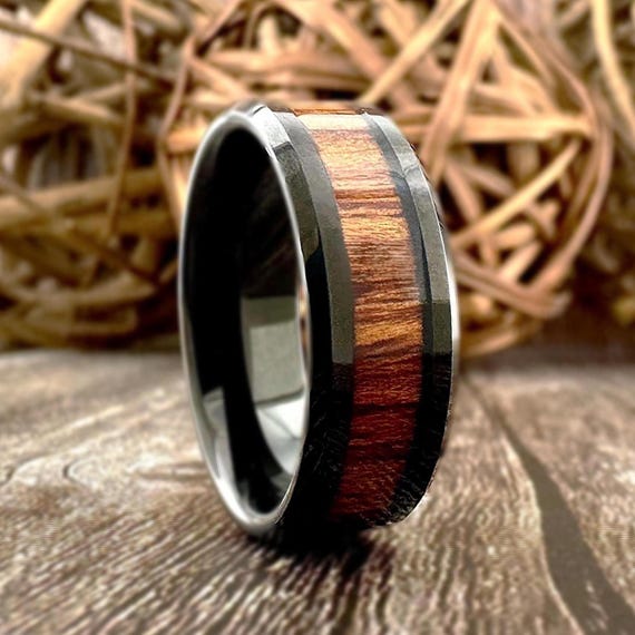 Black Wedding Band With Koa Wood Inlay Men Tungsten Carbide Ring Women Proposal Ring 8mm Width