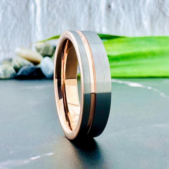 Rose Gold Wedding Band Women or Men Gray Brushed Finish Tungsten Ring 6MM with Groove Anniversary Engagement Ring