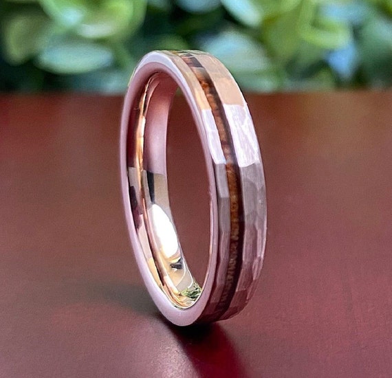 Thin Hammered Rose Gold Tungsten Ring Wood Inlay 4MM Women Men Wedding Skinny Band Brushed Size 4 to 14 His Her Anniversary Engagement Gift