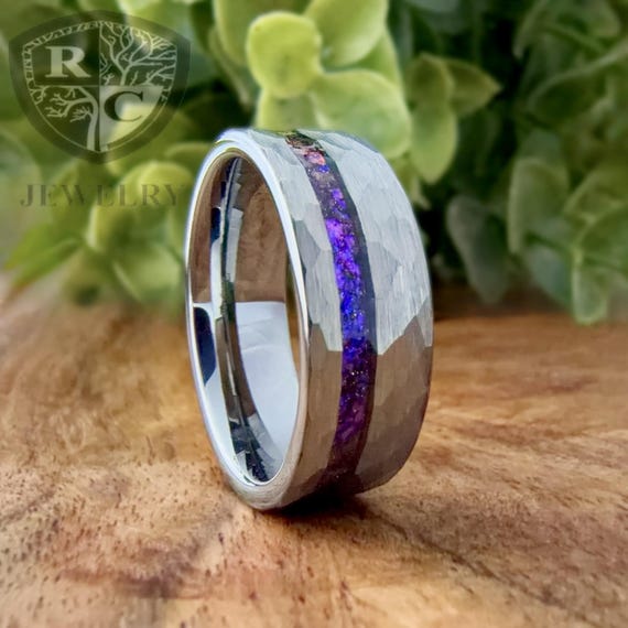 Silver Nebula Alexandrite Ring Hammered Wedding Band Gray Tungsten Carbide Purple Amethyst Ring Men Anniversary Engagement Ring 8MM