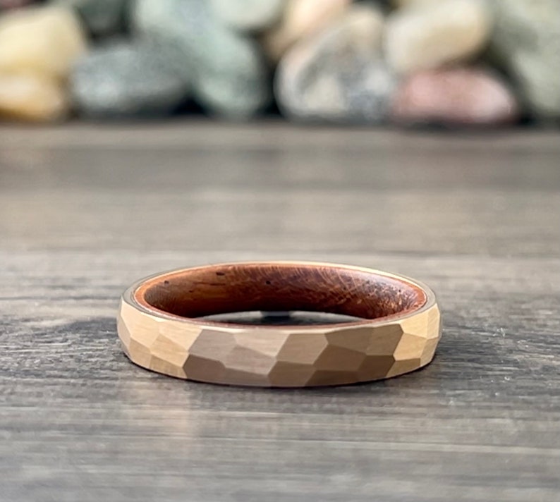 Rose Gold Hammered Wedding Band Thin Wood Inside Tungsten Ring Women Men 4MM Thin Matte Finish Size 5 to 13 Anniversary Engagement Gift Idea image 3