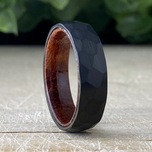 Black Hammered Wood Inside Tungsten Ring Men Women Wedding Band Rosewood Domed Design His Her 6MM Size 5 to 14 Anniversary Gift Promise Ring