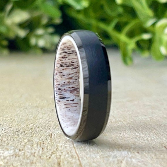 Black Tungsten Ring Deer Antler Inside Men Women Wedding Band Unique Brush Design 6MM Size 5 to 14 Husband Wife Anniversary Gift Engagement