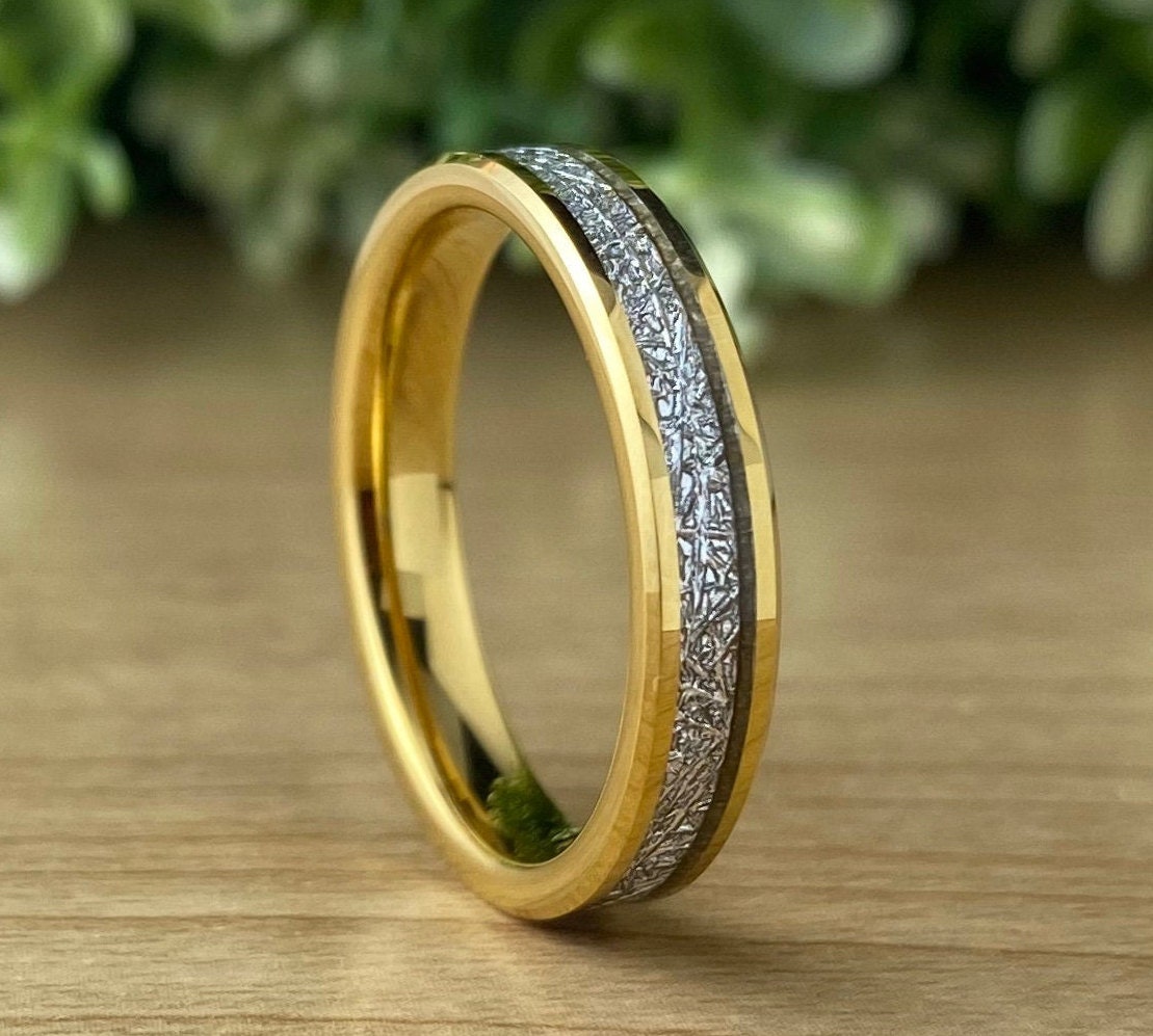 Thin Meteorite Tungsten Ring Yellow Gold 4mm Wedding Band