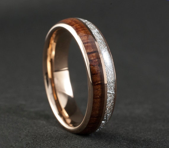 Wood Meteorite Rose Gold Tungsten Ring 6MM Male Female 2 Layer Wedding Band Size 4 to 14 Men Women Anniversary Elegant Engagement Love Gift