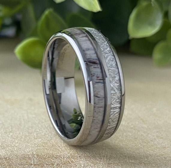 Tungsten Ring Men Women Wedding Band Deer Antler Meteorite Anniversary Engagement High Polish Design 8MM Size 5 to 15 Special Occasion Gift