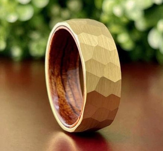 Men Gold Hammered Tungsten Ring Wood Wedding Band Brushed Rosewood Inside Design 8MM Width Size 5 to 15 Male Anniversary His Engagement Gift