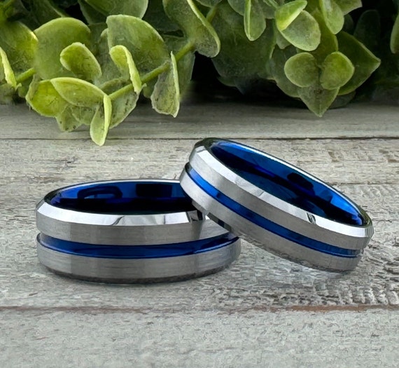 Blue Silver Wedding Ring Set His and Hers Tungsten Ring Men Women Grey Bands 8MM 6MM Size 5 to 15 Anniversary Gift Engagement Ring