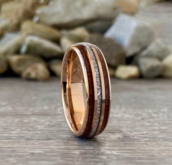 Rose Gold Tungsten Wedding Band, Wood Meteorite Inlay, 6mm Men