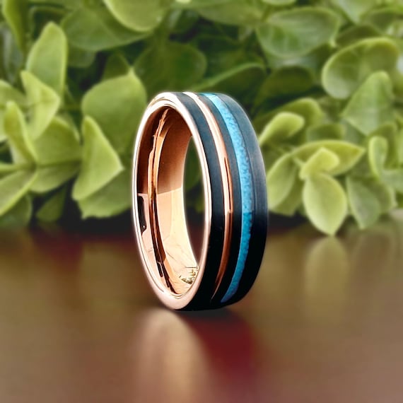 Turquoise Tungsten Wedding Band Rose Gold and Black 6mm Unisex Men Women Anniversary Gift