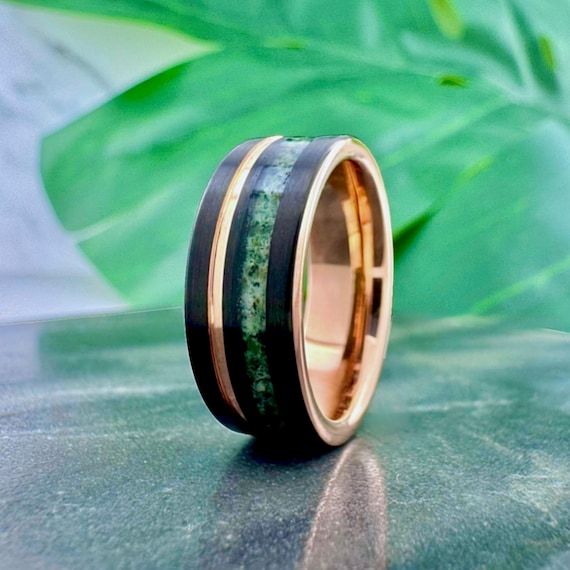 Unique Moss Agate Ring Rose Gold and Black Tungsten Wedding Engagement Band for Men 8MM, Christmas Gift For Him