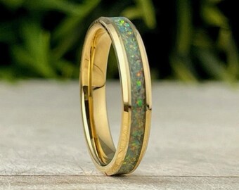 Thin Gold Wedding Band Spring Garden Opal Tungsten Ring Women Men 4mm Size 4 to 12 One Of A Kind Anniversary Gift Engagement Promise Circle