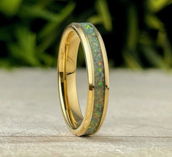 Thin Gold Wedding Band Spring Garden Opal Tungsten Ring Women Men 4mm Size 4 to 12 One Of A Kind Anniversary Gift Engagement Promise Circle