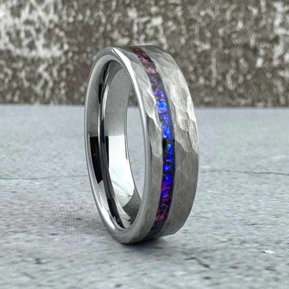 Alexandrite Gray Silver Hammered Tungsten Ring Purple Amethyst Nebula Galaxy Wedding Band Men Women Promise Ring 6MM