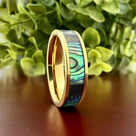 6mm Gold Tungsten Ring with Abalone Shell Inlay, Mother of Pearl Men Wedding Band, Husband Unique Gift Anniversary Ring