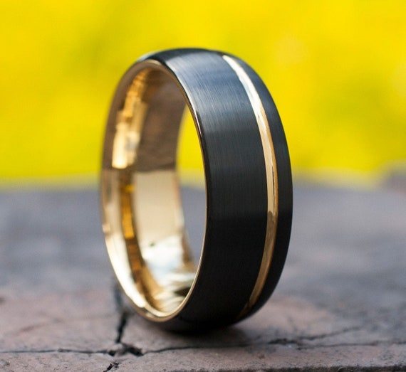 Yellow Gold Tungsten Ring Mens Wedding Band Black Matte Brushed Domed Design 8MM Size 5 to 15 Anniversary Engagement Husband Special Gift