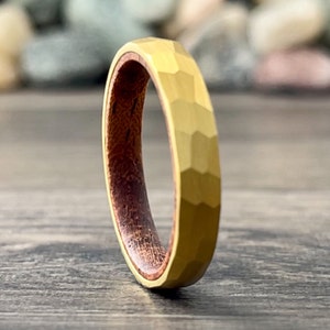 Hammered Yellow Gold Tungsten Ring Thin Women 4mm Wood In Wedding Band Men Matte Rosewood Design Sizes 5 to 13 His Her Anniversary Gift Idea