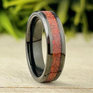 Black Tungsten Wedding Band, Red Opal Inlay, Beveled Edge