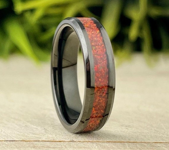 Black Tungsten Ring Red Opal Wedding Band Men Women 6MM Ruby Color Beveled Design Size 5 to 14 His Her Anniversary Engagement Promise Gift