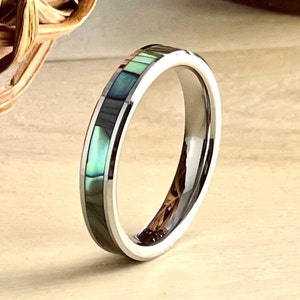 Aliança de casamento cinza para homens e mulheres, anel de tungstênio e abalone, madrepérola com incrustação, acabamento polido brilhante, tamanho 4 mm, presente de noivado de 4 a 14 anos