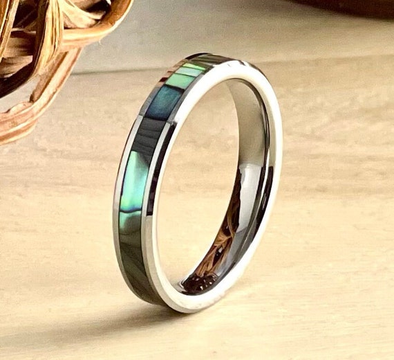 Grey Men Women Wedding Band Abalone Tungsten Ring Mother of Pearl Inlay Shiny Polish Finish 4MM Size 4 to 14 Anniversary Engagement Gift